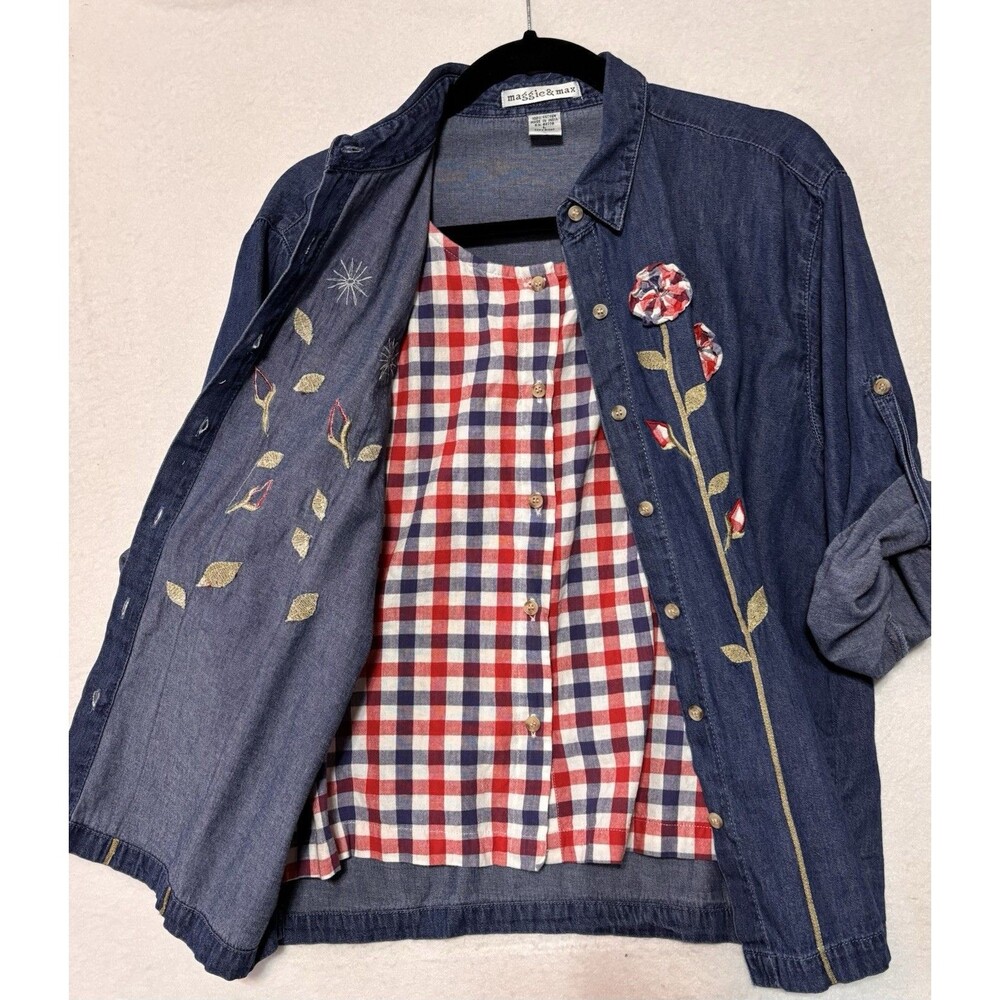 Vtg Denim Shirt With Plaid Under Layer Embroidered Appliqué Floral